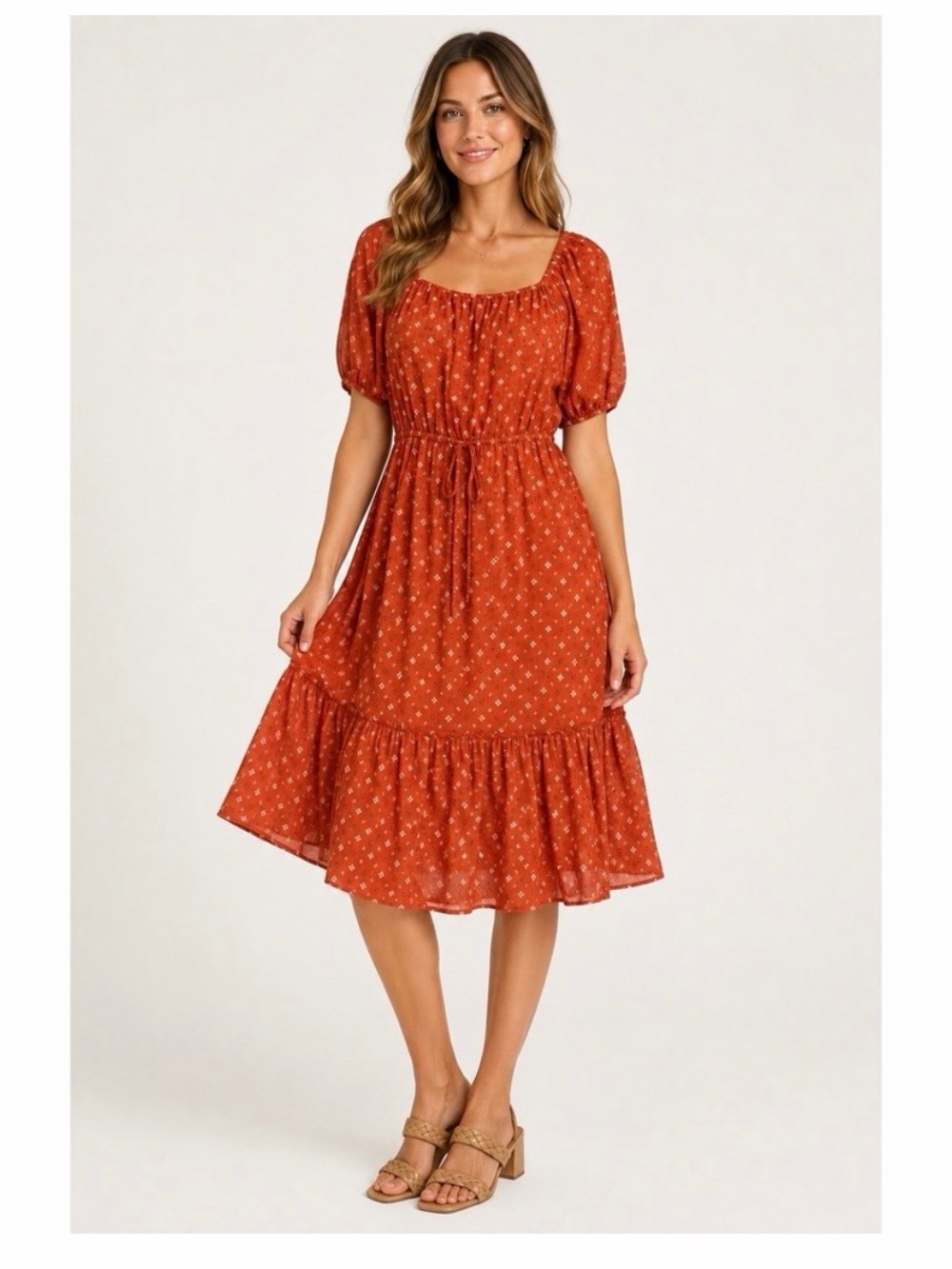Lucky Brand XL Rust Orange Geometric Print Puff Sleeve
Tiered Midi Dress Boho